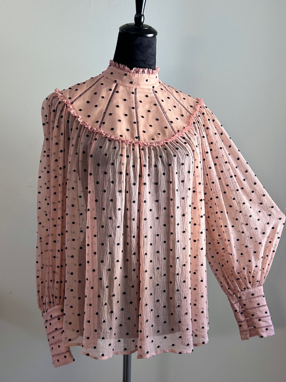 Zimmermann Silk Sheer Pink Black Polka Dot High-Neck Ruffle Blouse - Sz 1